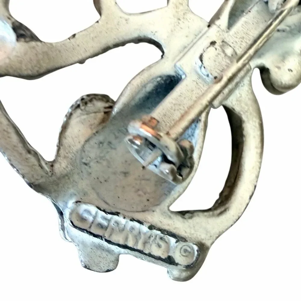Vintage Gerry's Monkey Brooch Green Rhinestone Eyes Silver Tone Animal Pin